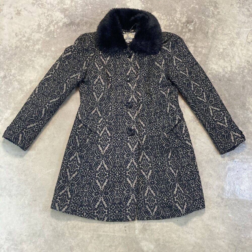 Steve Madden Coat Womens Large Tapestry Mid Length Black Wool Blend
